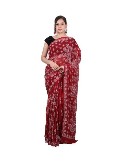Chhangamal Hand Embroidered Maroon Georgette Chikankari Saree