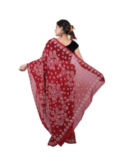 Chhangamal Hand Embroidered Maroon Georgette Chikankari Saree