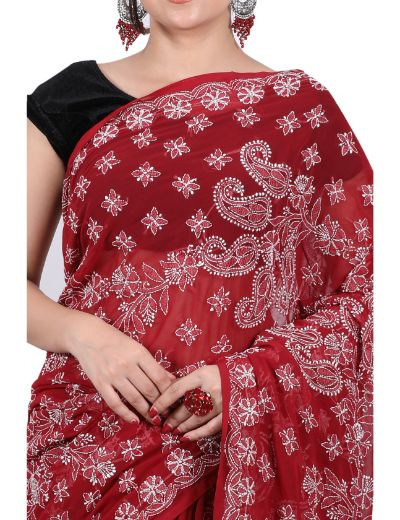 Chhangamal Hand Embroidered Maroon Georgette Chikankari Saree