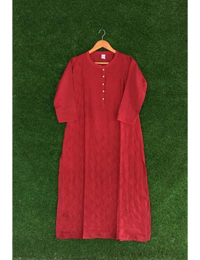 Chhangamal Hand Embroidered Maroon Yellow Colour Chanderi Silk Chikankari Kurti Piece