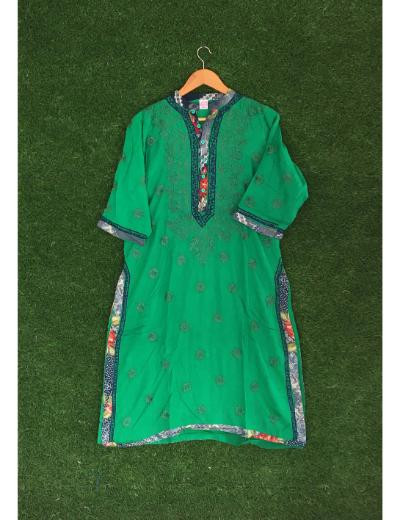 Chhangamal Hand Embroidered Mehndi Green Colour Modal Chikankari Kurti