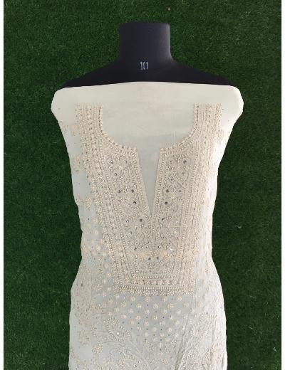 Chhangamal Hand Embroidered 	Mint Green Pure Georgette Chikankari Kurta Dupatta Piece