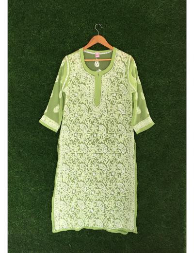 Chhangamal Hand Embroidered Moss Green Colour Georgette Chikankari Kurti