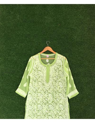 Chhangamal Hand Embroidered Moss Green Colour Georgette Chikankari Kurti