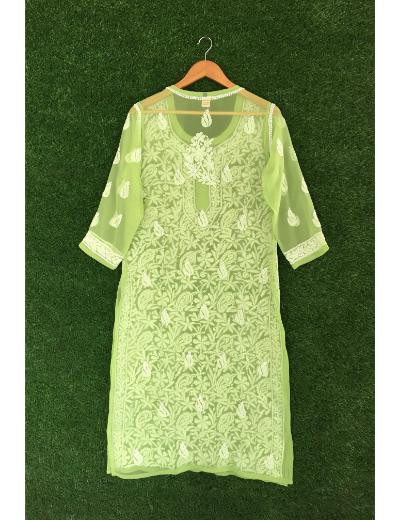 Chhangamal Hand Embroidered Moss Green Colour Georgette Chikankari Kurti