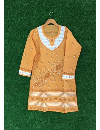 Chhangamal Hand Embroidered Mustard Yellow Colour Cotton Chikankari Kurti