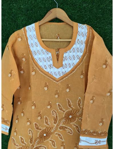 Chhangamal Hand Embroidered Mustard Yellow Colour Cotton Chikankari Kurti