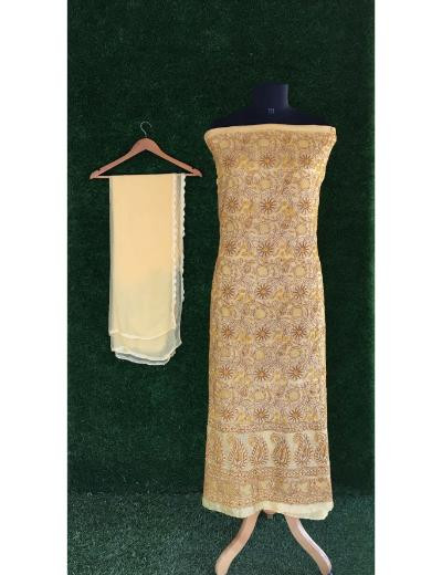 Chhangamal Hand Embroidered Mustard Yellow Colour Silk Chikankari Suit Length