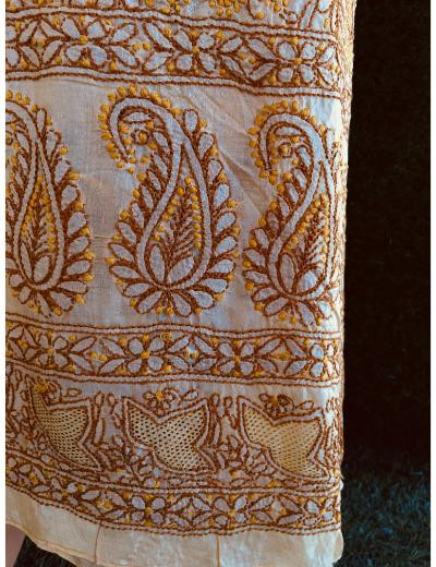 Chhangamal Hand Embroidered Mustard Yellow Colour Silk Chikankari Suit Length