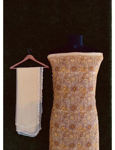 Chhangamal Hand Embroidered Mustard Yellow Colour Silk Chikankari Suit Length