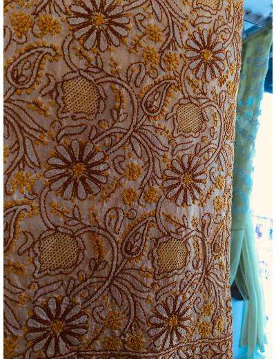 Chhangamal Hand Embroidered Mustard Yellow Colour Silk Chikankari Suit Length