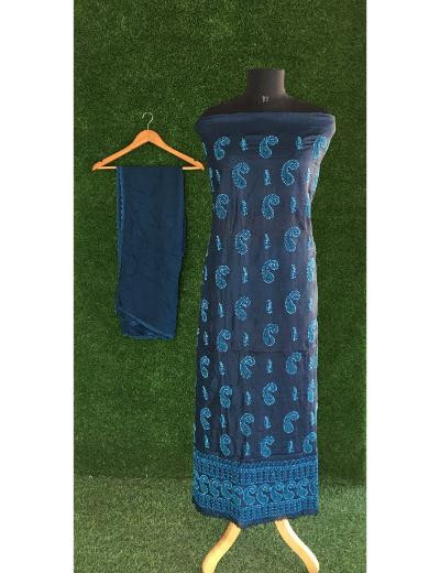 Chhangamal Hand Embroidered Navy Blue  Colour Silk Chikankari Suit Length