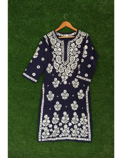Chhangamal Hand Embroidered Navy Blue Colour Modal Chikankari Kurti
