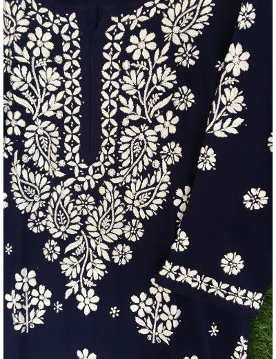 Chhangamal Hand Embroidered Navy Blue Colour Modal Chikankari Kurti
