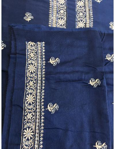 Chhangamal Hand Embroidered Navy blue Colour Mul Chanderi Chikankari Unstitched men’s kurta piece