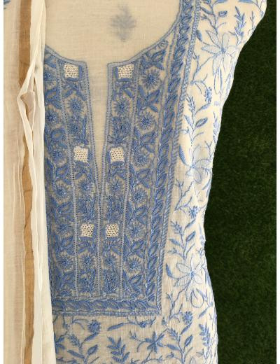 Chhangamal Hand Embroidered Off- White Colour Mul Chanderi Chikankari Suit Piece