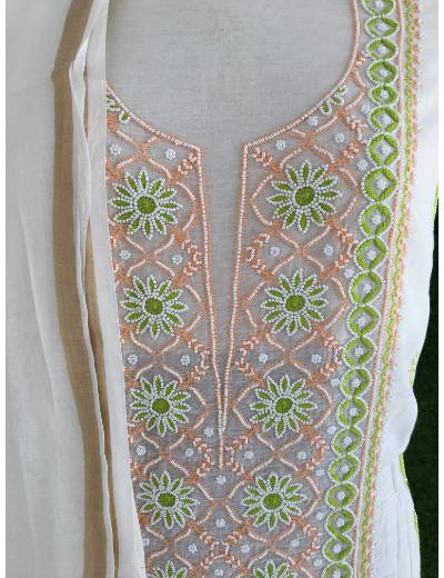 Chhangamal Hand Embroidered Off- White Colour Mul Chanderi Chikankari Suit Piece