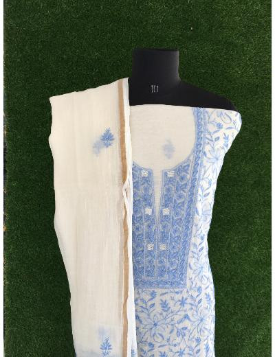 Chhangamal Hand Embroidered Off- White Colour Mul Chanderi Chikankari Suit Piece