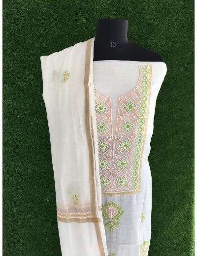 Chhangamal Hand Embroidered Off- White Colour Mul Chanderi Chikankari Suit Piece