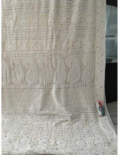 Chhangamal Hand Embroidered Off-White  Colour Pure Georgette  Chikankari Saree Piece