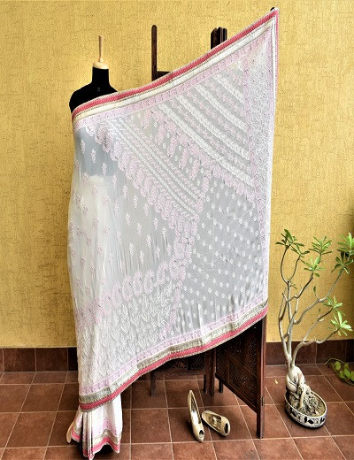 Chhangamal Hand Embroidered Off White Pink Chikankari Pure Georgette Saree