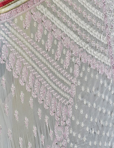 Chhangamal Hand Embroidered Off White Pink Chikankari Pure Georgette Saree