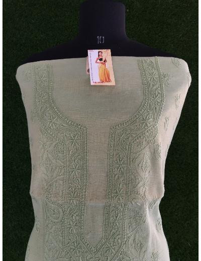 Chhangamal Hand Embroidered Olive Green Colour Chanderi Silk Chikankari Kurta Piece