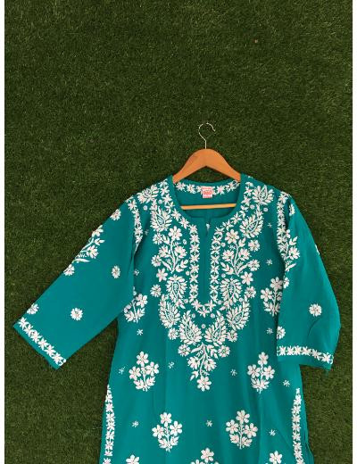 Chhangamal Hand Embroidered Olive Green Colour Modal Chikankari Kurta