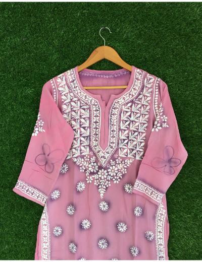 Chhangamal Hand Embroidered Onion  Pink Colour Modal Chikankari Kurti Piece