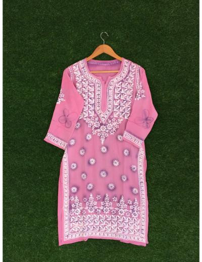 Chhangamal Hand Embroidered Onion  Pink Colour Modal Chikankari Kurti Piece
