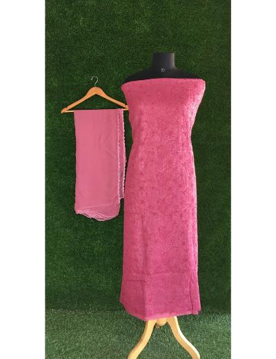 Chhangamal Hand Embroidered Onion  Pink Colour Silk Chikankari Suit Length