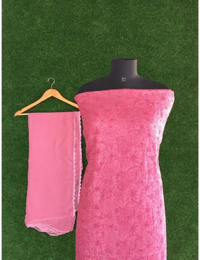 Chhangamal Hand Embroidered Onion  Pink Colour Silk Chikankari Suit Length