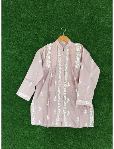 Chhangamal Hand Embroidered Onion Colour Chanderi Chikankari Top