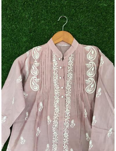 Chhangamal Hand Embroidered Onion Colour Chanderi Chikankari Top
