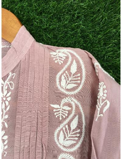 Chhangamal Hand Embroidered Onion Colour Chanderi Chikankari Top