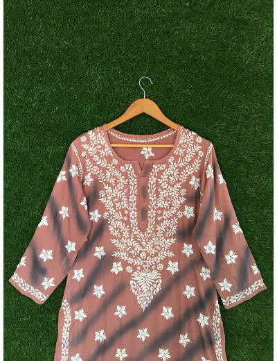 Chhangamal Hand Embroidered Onion Colour Modal Chikankari kurti