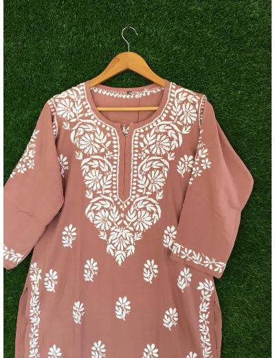 Chhangamal Hand Embroidered Onion Colour Modal Chikankari Kurti