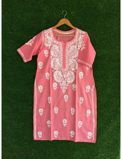 Chhangamal Hand Embroidered Onion Pink Colour Cotton Chikankari Kurti