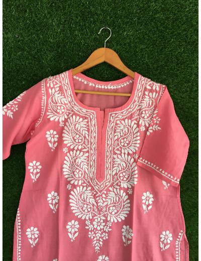 Chhangamal Hand Embroidered Onion Pink Colour Cotton Chikankari Kurti