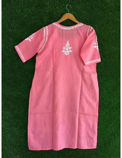 Chhangamal Hand Embroidered Onion Pink Colour Cotton Chikankari Kurti