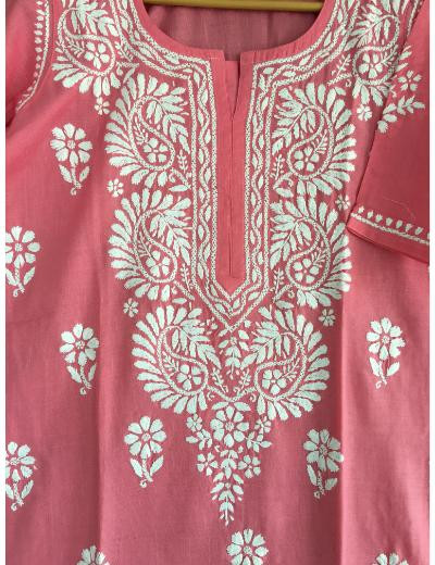 Chhangamal Hand Embroidered Onion Pink Colour Cotton Chikankari Kurti