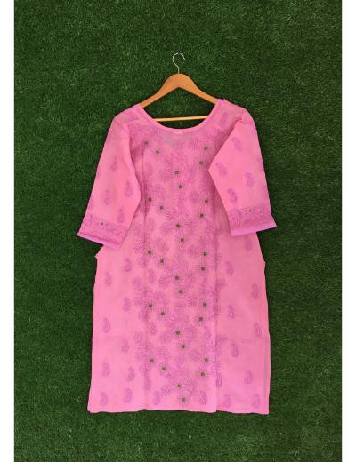 Chhangamal Hand Embroidered Onion Pink Colour Cotton Chikankari Kurti