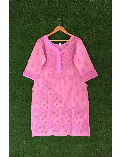 Chhangamal Hand Embroidered Onion Pink Colour Cotton Chikankari Kurti