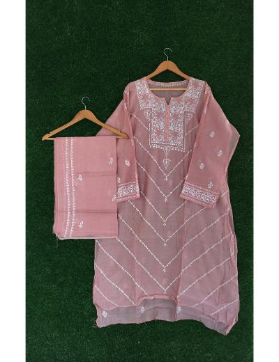 Chhangamal Hand Embroidered Onion Pink Colour Mul-chanderi Chikankari Kurta Dupatta Piece
