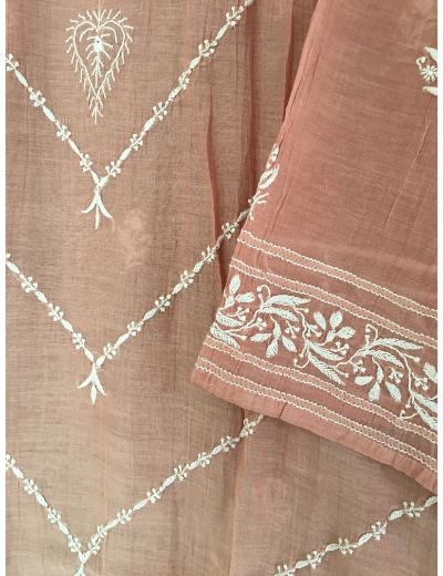 Chhangamal Hand Embroidered Onion Pink Colour Mul-chanderi Chikankari Kurta Dupatta Piece