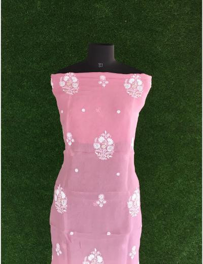 Chhangamal Hand Embroidered Onion Pink Colour Organza  Chikankari Kurta Dupatta Piece