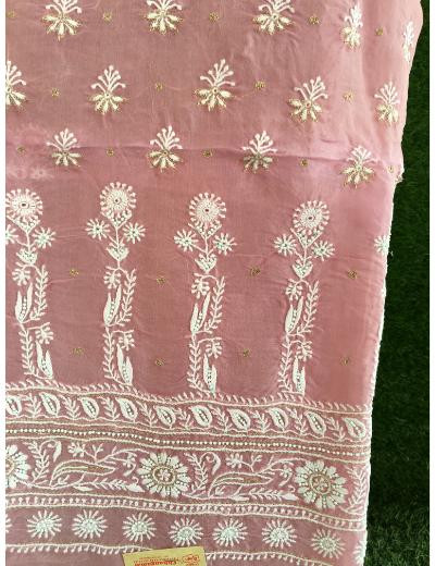 Chhangamal Hand Embroidered Onion Pink Colour Organza  Chikankari Kurta Dupatta Piece