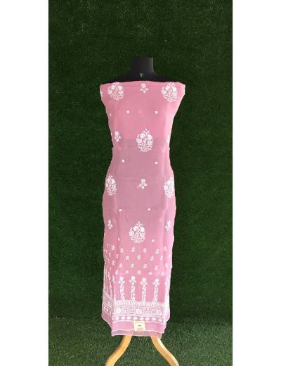 Chhangamal Hand Embroidered Onion Pink Colour Organza  Chikankari Kurta Dupatta Piece