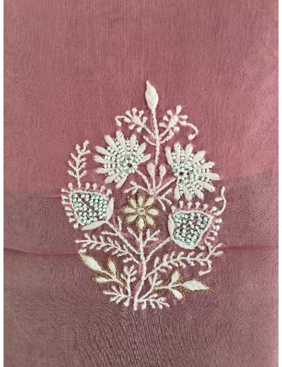 Chhangamal Hand Embroidered Onion Pink Colour Organza  Chikankari Kurta Dupatta Piece