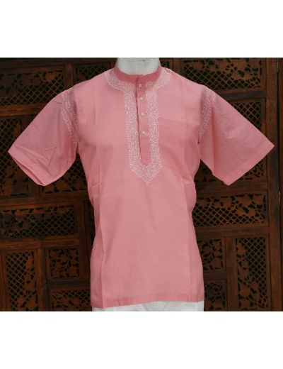 Chhangamal Hand Embroidered Onion Pink Cotton Chikankari Gents Short Kurta
